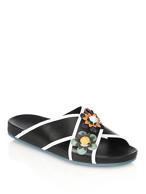 Fendi - Flowerland Leather Crisscross Slides