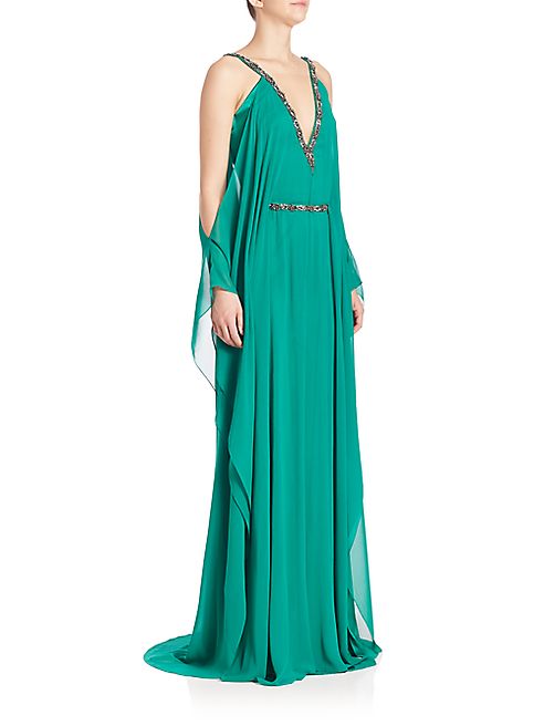 Theia - Cold Shoulder Chiffon Silk Caftan Gown