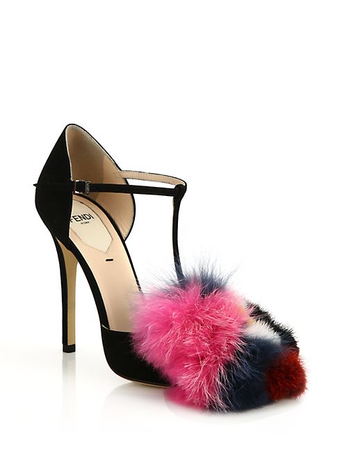 Fendi - Suede, Mink & Fox Fur T-Strap Sandals