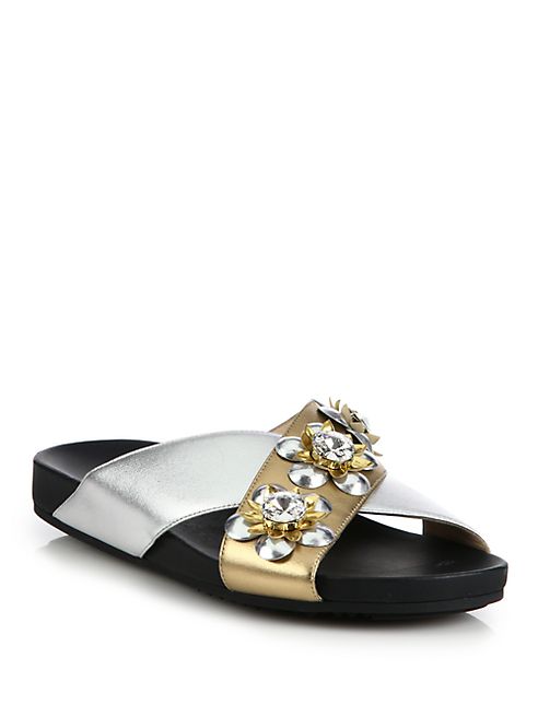 Fendi - Flowerland Metallic Leather & Crystal Crisscross Slides