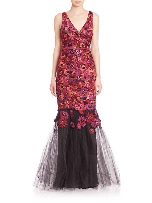 Badgley Mischka - Floral Jacquard V-Neck Gown