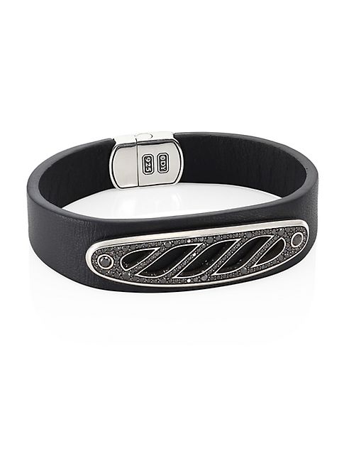 David Yurman - 1.67 TCW Black Diamonds & Sterling Silver Graphic Cable Leather ID Bracelet