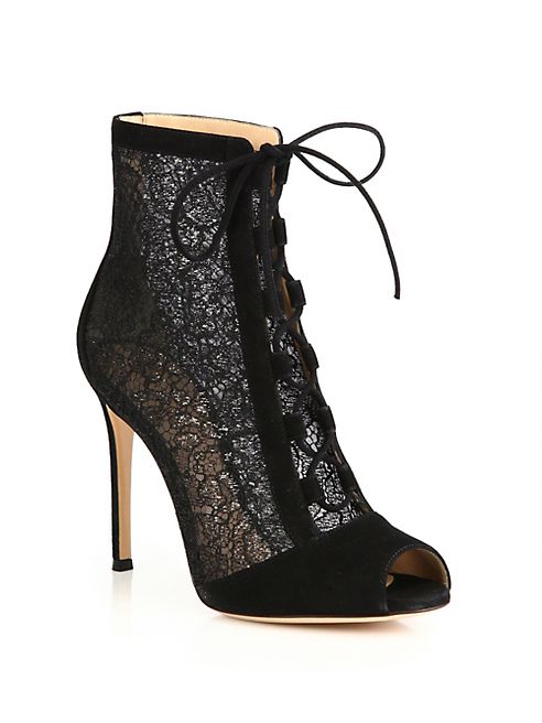 Gianvito Rossi - Rebecca Lace & Suede Lace-Up Peep Toe Booties