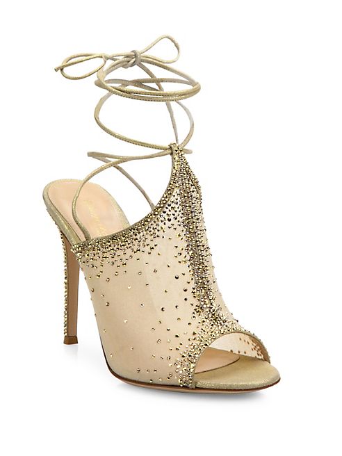 Gianvito Rossi - Etoile Mesh & Crystal Ankle-Wrap Peep Toe Mules