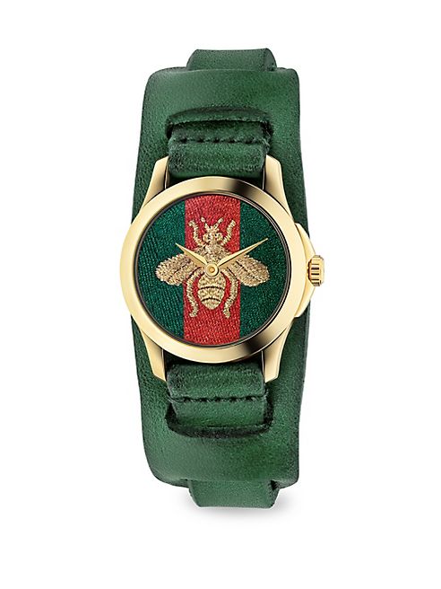 Gucci - G-Timeless Embroidered Bee Goldtone Stainless Steel & Leather Watch