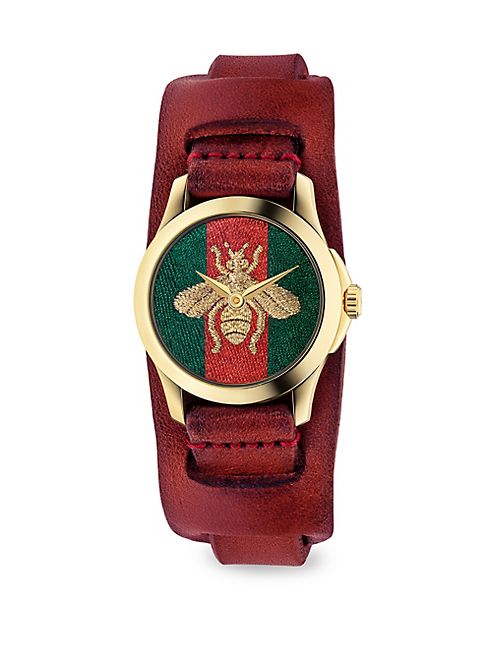 Gucci - G-Timeless Embroidered Bee Goldtone Stainless Steel & Leather Watch