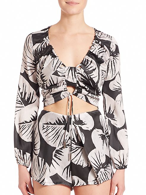 KENDALL + KYLIE - St. Tropez Printed Ruched Silk Top