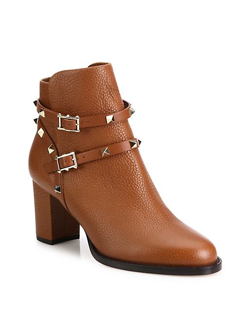 Valentino - Rockstud Pebbled Leather Block Heel Booties