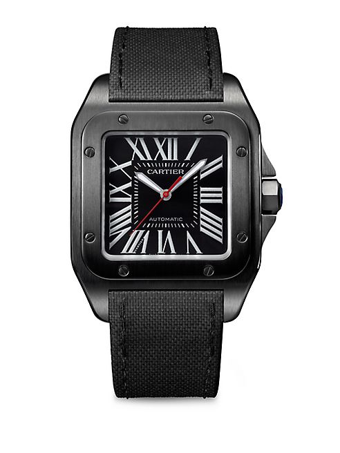 Cartier - Santos 100 Stainless Steel, ADLC & Leather Strap Watch