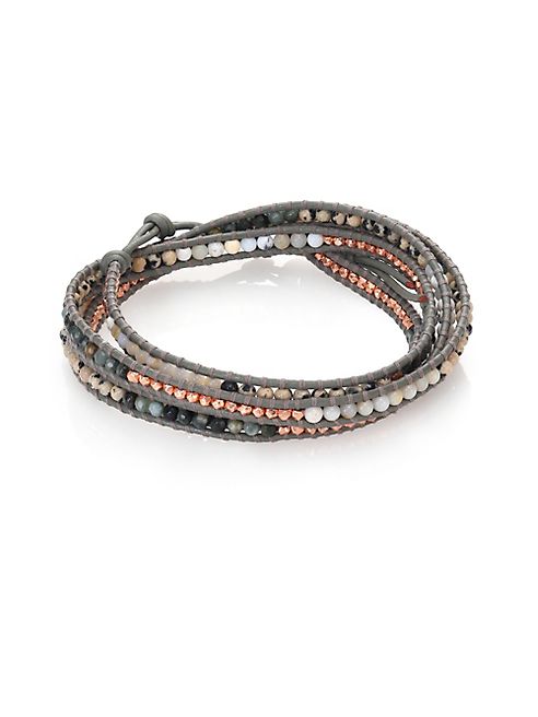 Chan Luu - Cat Eye, Dalmation Jasper, White Opal & Leather Beaded Wrap Bracelet