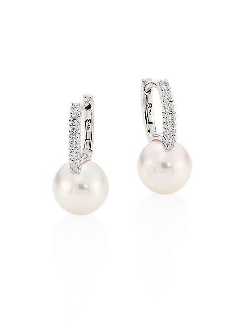 Mikimoto - Classic 8MM White Cultured Akoya Pearl, Diamond & 18K White Gold Drop Earrings