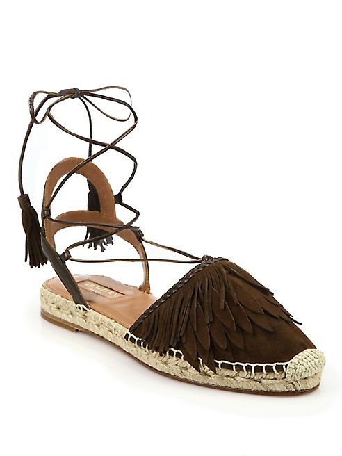 Aquazzura - Pocahontas Fringed Suede Lace-Up Espadrille Flats