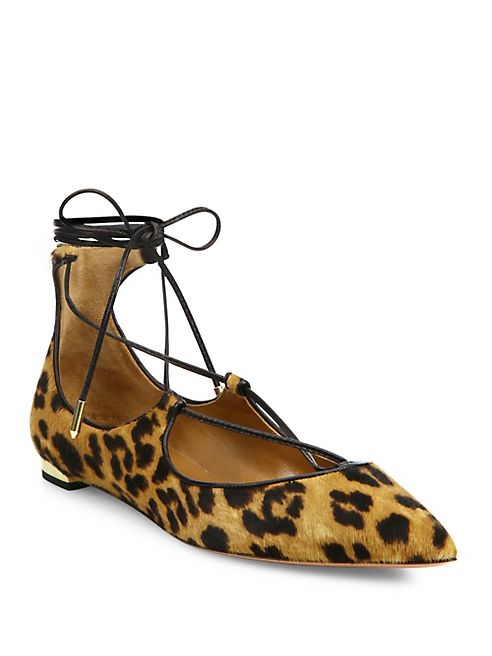 Aquazzura - Christy Leopard-Print Calf Hair Lace-Up Flats