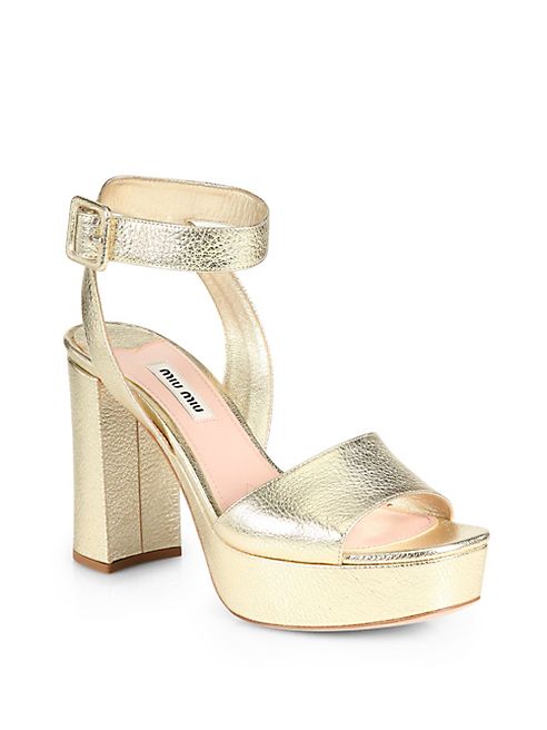 Miu Miu - Madras Metallic Leather Ankle-Strap Platform Sandals