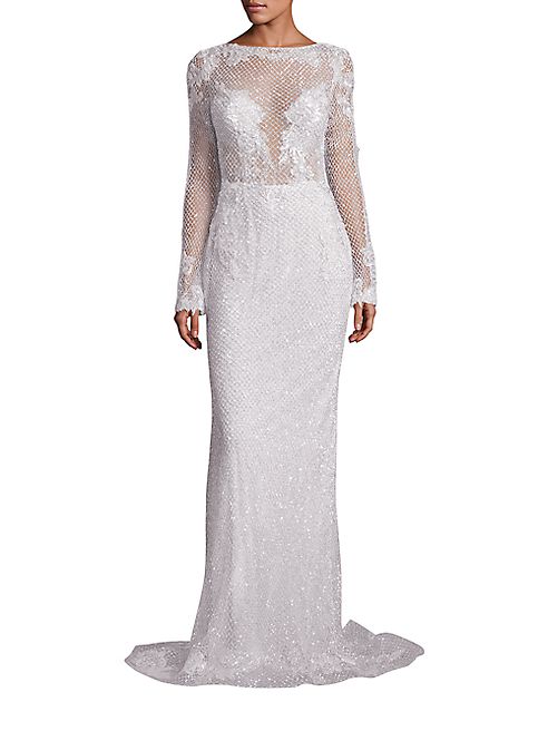 Berta - Long-Sleeve Beaded Column Gown