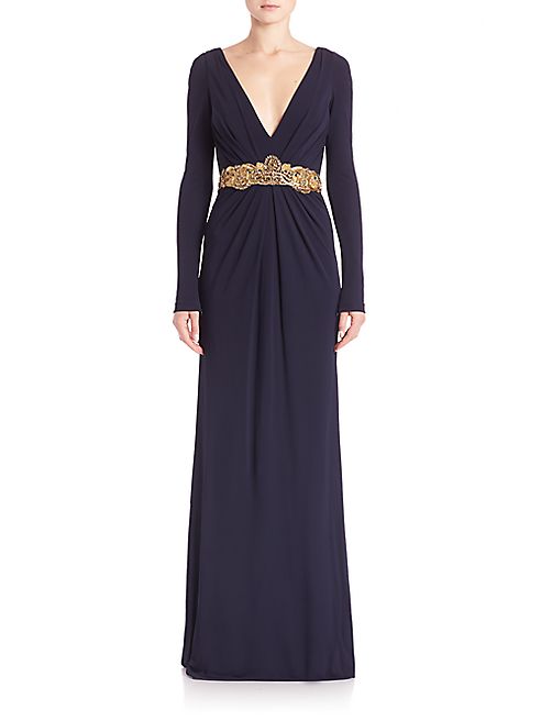 Badgley Mischka - Embellished Deep V-Neck Gown