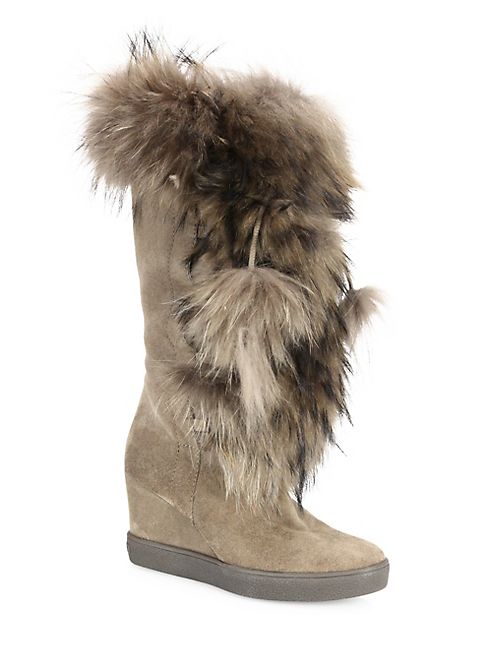 Aquatalia - Colette Suede, Raccoon Fur & Shearling Wedge Boots