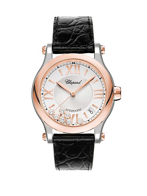 Chopard - Happy Sport Diamond 18K Rose Gold, Stainless Steel & Leather Strap Watch