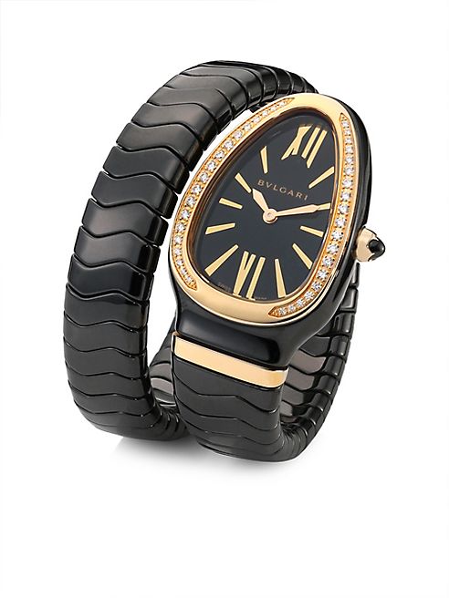 BVLGARI - Serpenti Diamond, 18K Rose Gold & Black Ceramic Wraparound Tubogas Bracelet Watch