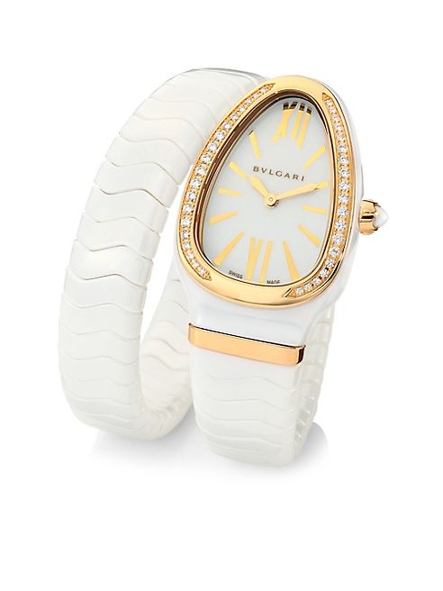 BVLGARI - Serpenti Diamond, 18K Rose Gold & White Ceramic Wraparound Tubogas Bracelet Watch