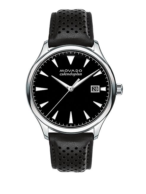 Movado - Heritage Stainless Steel Perforated Leather Strap Watch