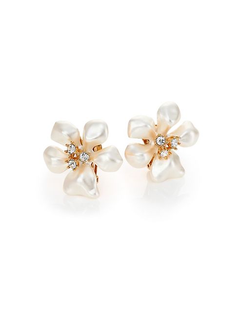 Kenneth Jay Lane - Faux Pearl & Crystal Flower Clip-On Earrings