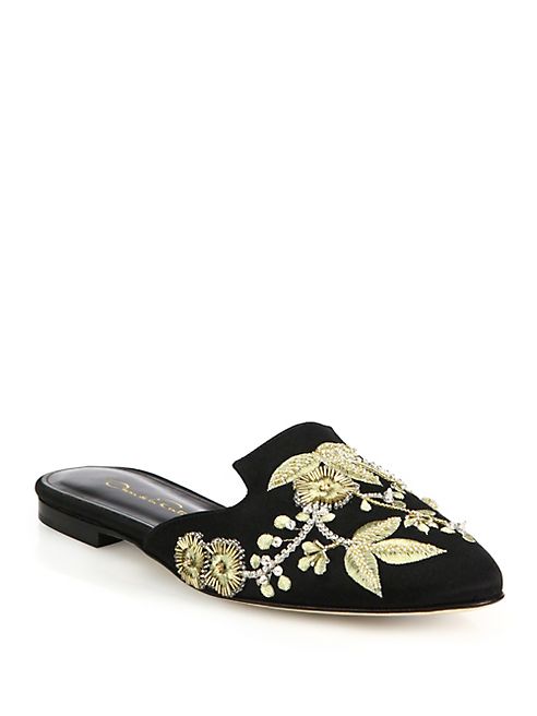 Oscar de la Renta - Wanda Embroidered Satin Flat Mules