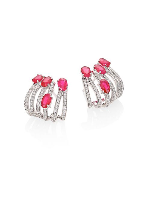 Hueb - Rainbow Diamond, Ruby & 18K White Gold Ear Cuffs