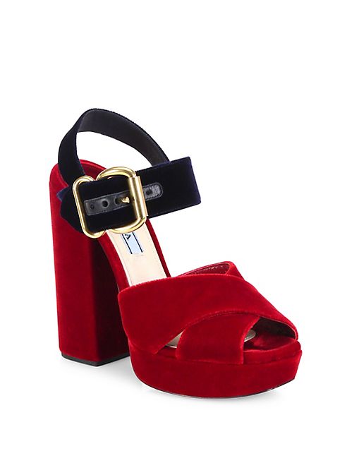 Prada - Bicolor Velvet Crisscross Platform Sandals