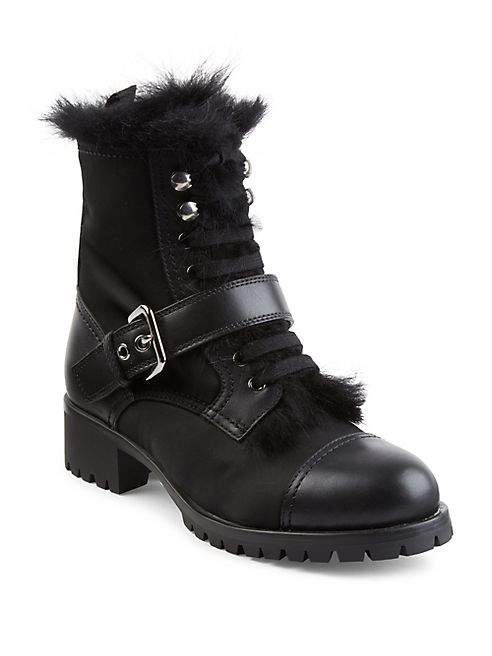 Prada - Shearling-Lined Leather & Nylon Booties