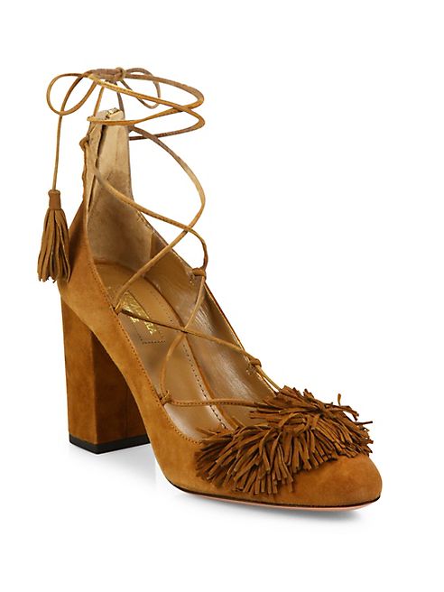 Aquazzura - Wild Fringed Suede Lace-Up Block-Heel Pumps