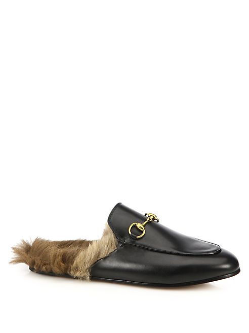 Gucci - Princetown Fur-Lined Leather Loafer Slides