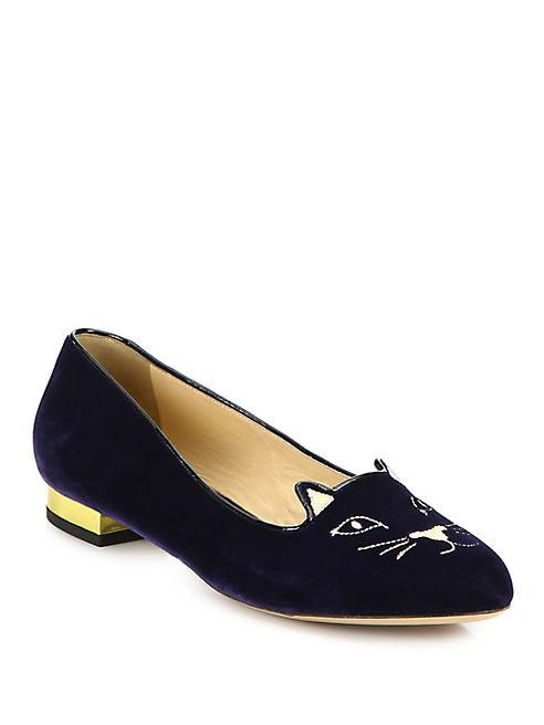 Charlotte Olympia - Kitty Embroidered Velvet Flats