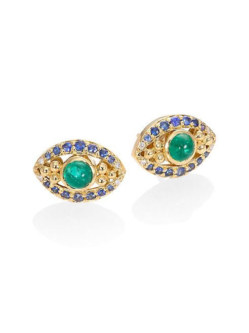 Temple St. Clair - Evil Eye Diamond, Emerald, Blue Sapphire & 18K Yellow Gold Stud Earrings