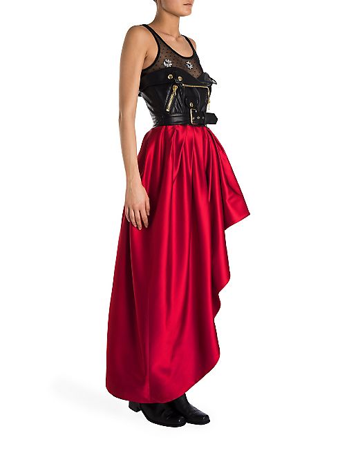 Moschino - Strapless Faux Leather Bustier & Satin Skirt Dress