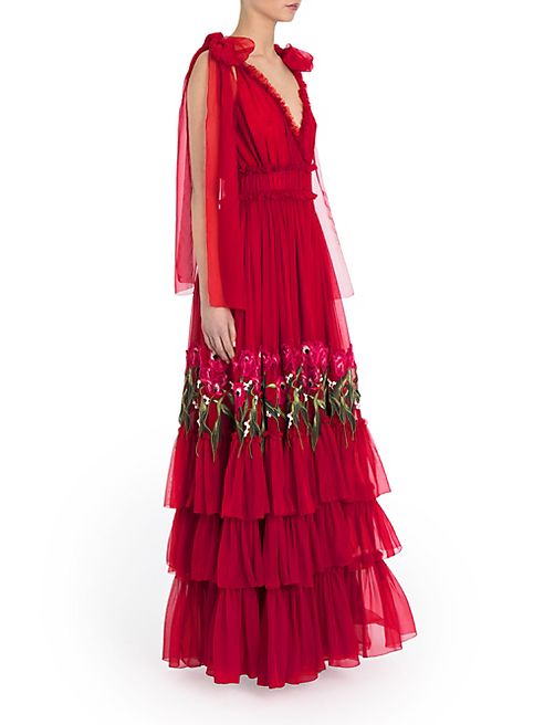 Dolce & Gabbana - Bow-Shoulder Embroidered Silk Chiffon Gown