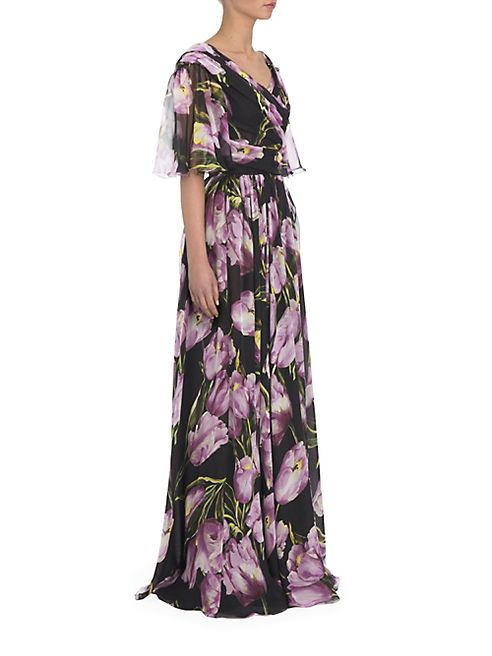 Dolce & Gabbana - Flounce-Sleeve Floral Silk Chiffon Gown