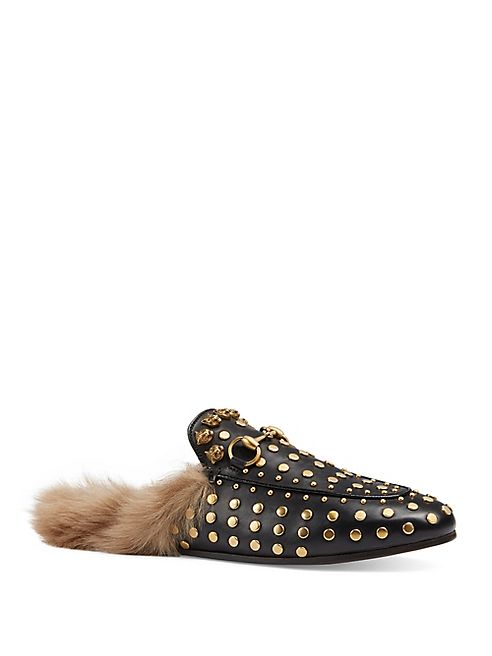 Gucci - Princetown Studded Leather & Fur Flat Mules