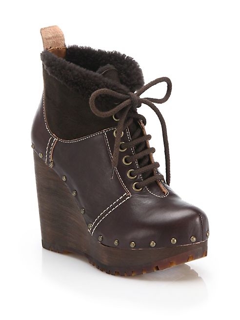 See by Chloé - Clive Faux Leather & Shearling Clog Wedge Booties