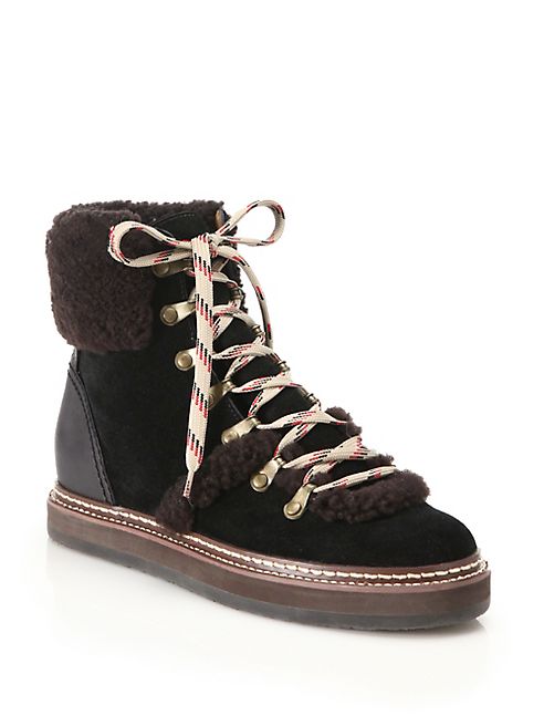 See by Chloé - Eileen Suede & Shearling Lace-Up Booties