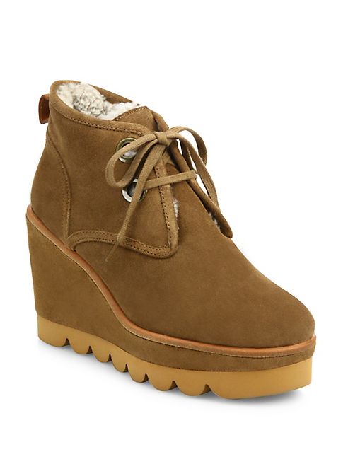 See by Chloé - Ethel Suede & Sheepskin Lace-Up Wedge Booties