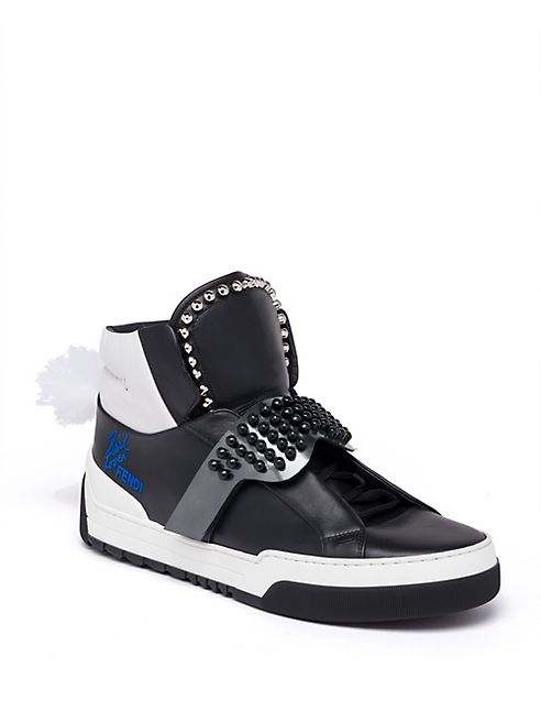 Fendi - Karlito Studded High-Top   Leather Sneakers