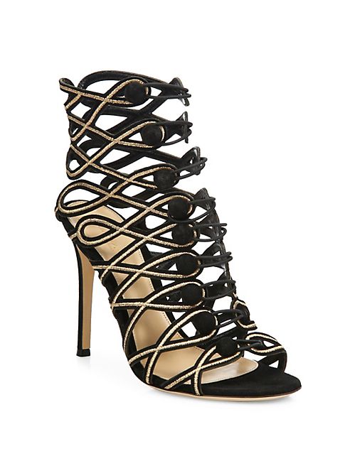 Gianvito Rossi - Passemeterie Metallic-Embroidered Suede Cage Sandals