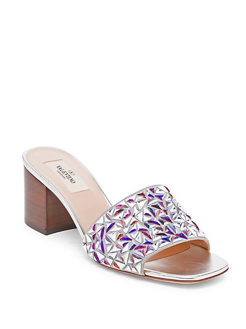 Valentino - Glam Tile Leather Block Heel Slides