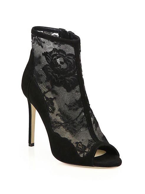 Monique Lhuillier - Serena Lace & Suede Peep Toe Booties