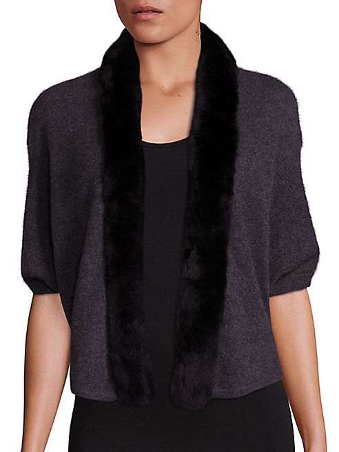 Saks Fifth Avenue Collection - Rabbit Fur Lapel Cashmere Open Cardigan