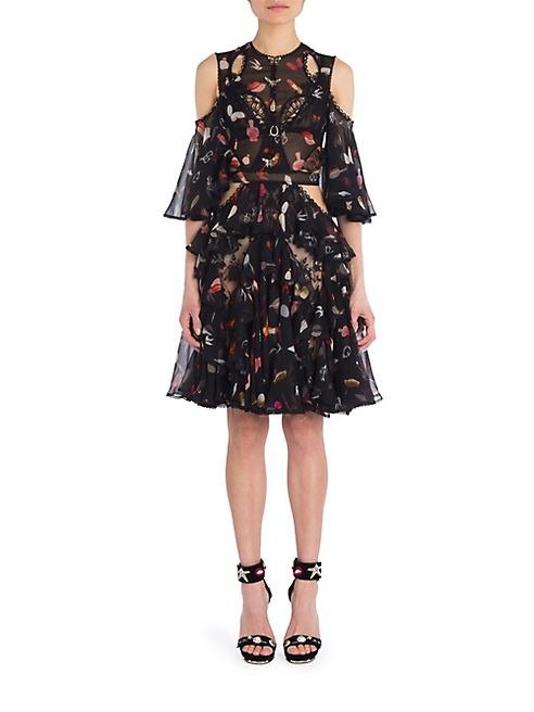 Alexander McQueen - Ruffled Cold Shoulder Silk Blend Dress