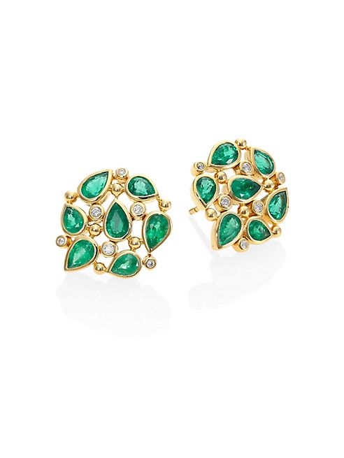 Temple St. Clair - Pear Cluster Diamond, Emerald & 18K Yellow Gold Stud Earrings