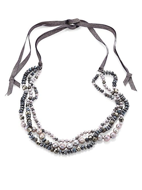 Chan Luu - 6MM Grey Potato Pearl, 9-10MM Cultured Freshwater Pearl, Pyrite & Mystic Lab Tie Necklace