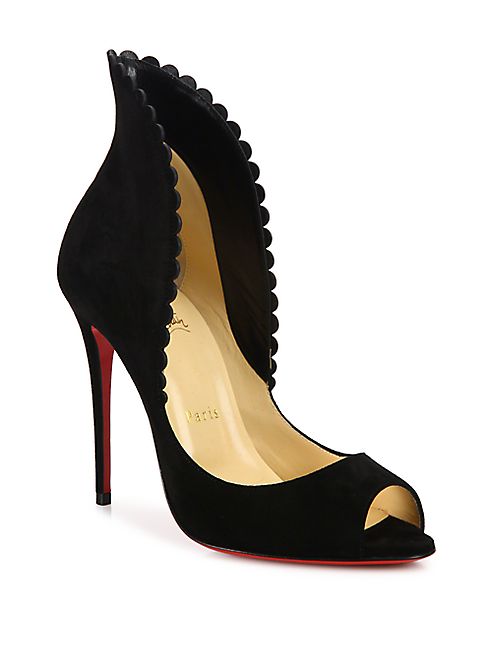 Christian Louboutin - Pijonina 100 Scalloped Suede Peep Toe Pumps